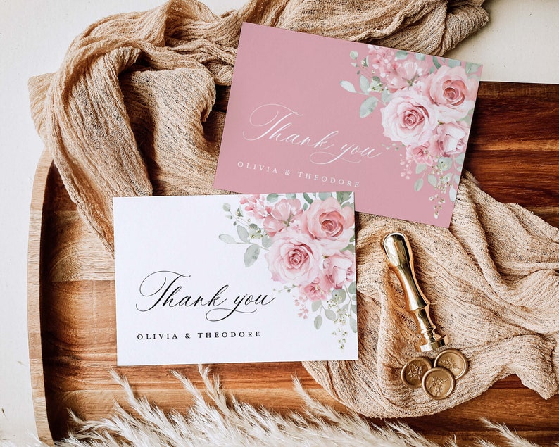 Blush rosa Hochzeit Danke-Karte Vorlage, Blumen Salbei Dankeschön Note, elegante Boho Greenery Rose Dank Tisch Platzkarte, Instant Download Bild 9