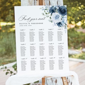Stoffige blauwe Marine bruiloft zitplaatsen grafiek teken sjabloon, Floral Rose Boho elegante stalen lichtblauwe grote gastentafel zitplaatsen grafiek bord