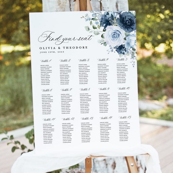 Dusty Blue Navy Wedding Seating Chart Sign Template, Floral Rose Boho Elegant Steel Light Blue Large Guest Table Seating Chart Sign Board