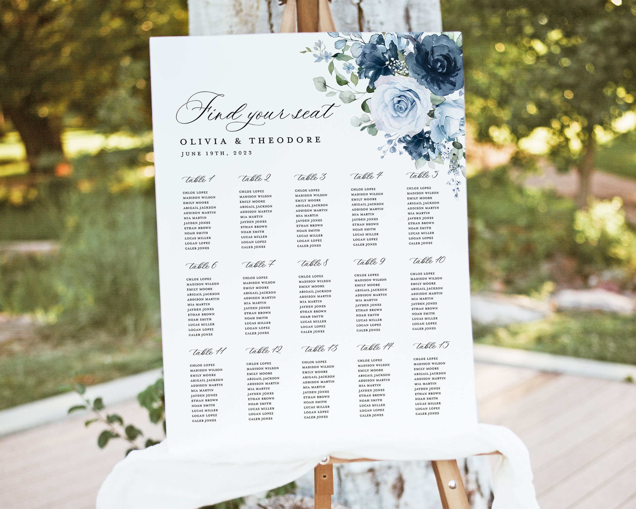 Dusty Blue Navy Wedding Seating Chart Sign Template, Floral Rose Boho Elegant Steel Light Blue Large Guest Table Seating Chart Sign Board