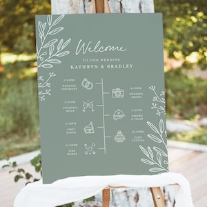 Może przedstawiać: Zielony, salwiowy znak powitalny na ślub z białą kaligrafią i ilustracjami. Znak zawiera listę wydarzeń: ceremonia ślubna, godzina koktajlowa, zdjęcia ślubne, kolacja i toast, pierwszy taniec oraz krojenie tortu wraz z odpowiadającymi im godzinami.