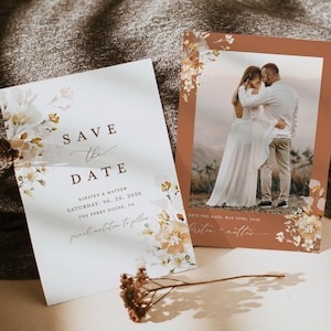 Terrakotta Save The Date Karten Vorlage, Foto Boho Blumen Hochzeit Save The Dates, Elegante Orange Braune Save the Date Karten, Download