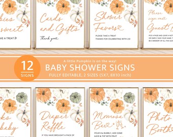 Little Pumpkin Baby Shower Signs Bundle Template, Printable Editable Sign Set, Fall Rustic Gender Neutral Baby Shower Decor Instant Download
