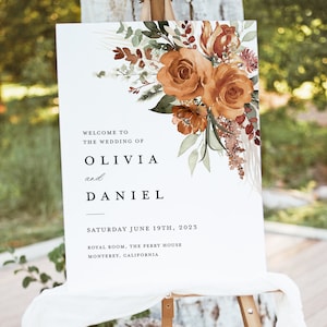 Boho Terracotta Wedding Welcome Sign Template, Floral Burnt Orange Rose Reception Decor Sign, Printable Modern Elegant Large Signage