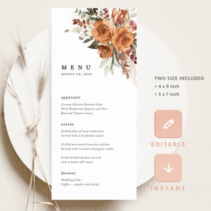 Boho bruiloft menukaarten sjabloon, terracotta bloemen receptiemenu, afdrukbare elegante moderne salie verbrand oranje roos dinermenu, downloaden