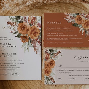 Terracotta Wedding Invitation Template Set, Boho Floral Wedding Invite Suite, Modern Burnt Orange Rose Elegant Details, Pampas RSVP image 9