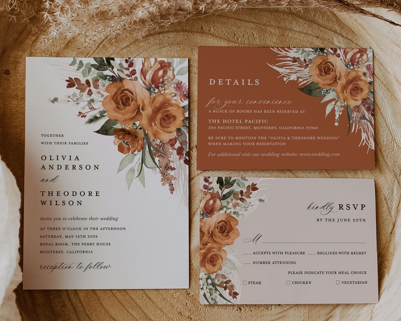 Terracotta Wedding Invitation Template Set, Boho Floral Wedding Invite Suite, Modern Burnt Orange Rose Elegant Details, Pampas RSVP image 9