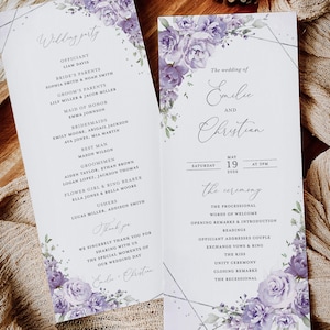 May include: Wedding ceremony program with purple floral design. The program lists the officiant, bridal party, and ceremony order. The wedding is for Emilie and Christian on May 19, 2026, at 3 PM.