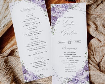 Lavender Wedding Programs Template, Ceremony Lilac Floral Program, Elegant Boho Garden Silver Itinerary, Printable Timeline, Download