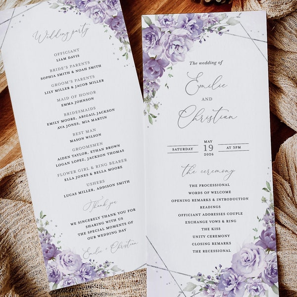 Lavender Wedding Programs Template, Ceremony Lilac Floral Program, Elegant Boho Garden Silver Itinerary, Printable Timeline, Download