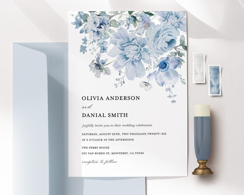 Dusty Blue Wedding Invitation Template Steel Blue Floral - Etsy