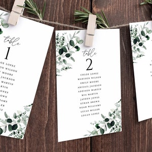 Modèle de carte de table de mariage vert sauge, carte de numéro de Table rustique, verdure botanique modifiable suspendue table pour s'asseoir pour invités, téléchargement