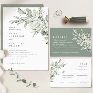 Sage Green Minimalist Wedding Invitation Template, Eucalyptus Wedding Invite Set, Elegant Boho Greenery Details Card, Printable RSVP, Cloe