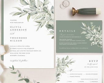 Modelo de convite de casamento minimalista em verde-sálvia, conjunto de convites de casamento em eucalipto, cartão com detalhes elegantes em estilo boho, RSVP para impressão, Cloe