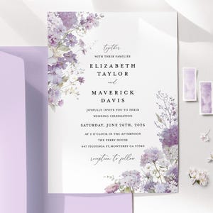 Modèle de faire-part de mariage lavande lilas, carte d'invitations de mariage floral bohème, faire-part de jardin imprimable fleurs violettes élégantes, téléchargement