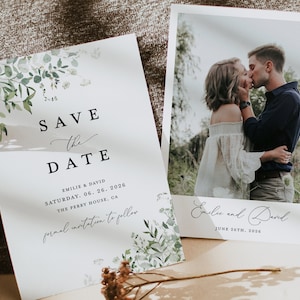 Sage Greenery Guardar la plantilla de fecha, Foto boda Guardar las fechas, Rústico Boho Elegante Botánico Guardar las tarjetas de fecha, Descarga instantánea