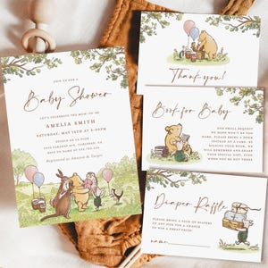 Classic Winnie The Pooh Baby Shower Invitation, Oh Baby Shower Template Set, Editable Diaper Raffle, Book Request, Thank You Card, Download