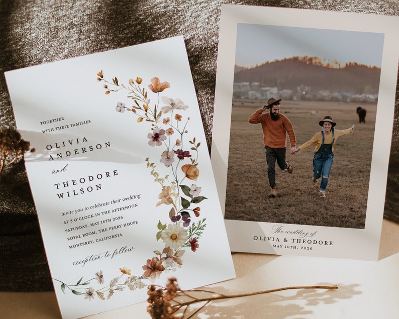 Terracotta Wedding Invitation Template Set, Boho Wildflower Wedding Invite Suite, Modern Elegant Floral Burnt Orange Details, RSVP, Download image 3