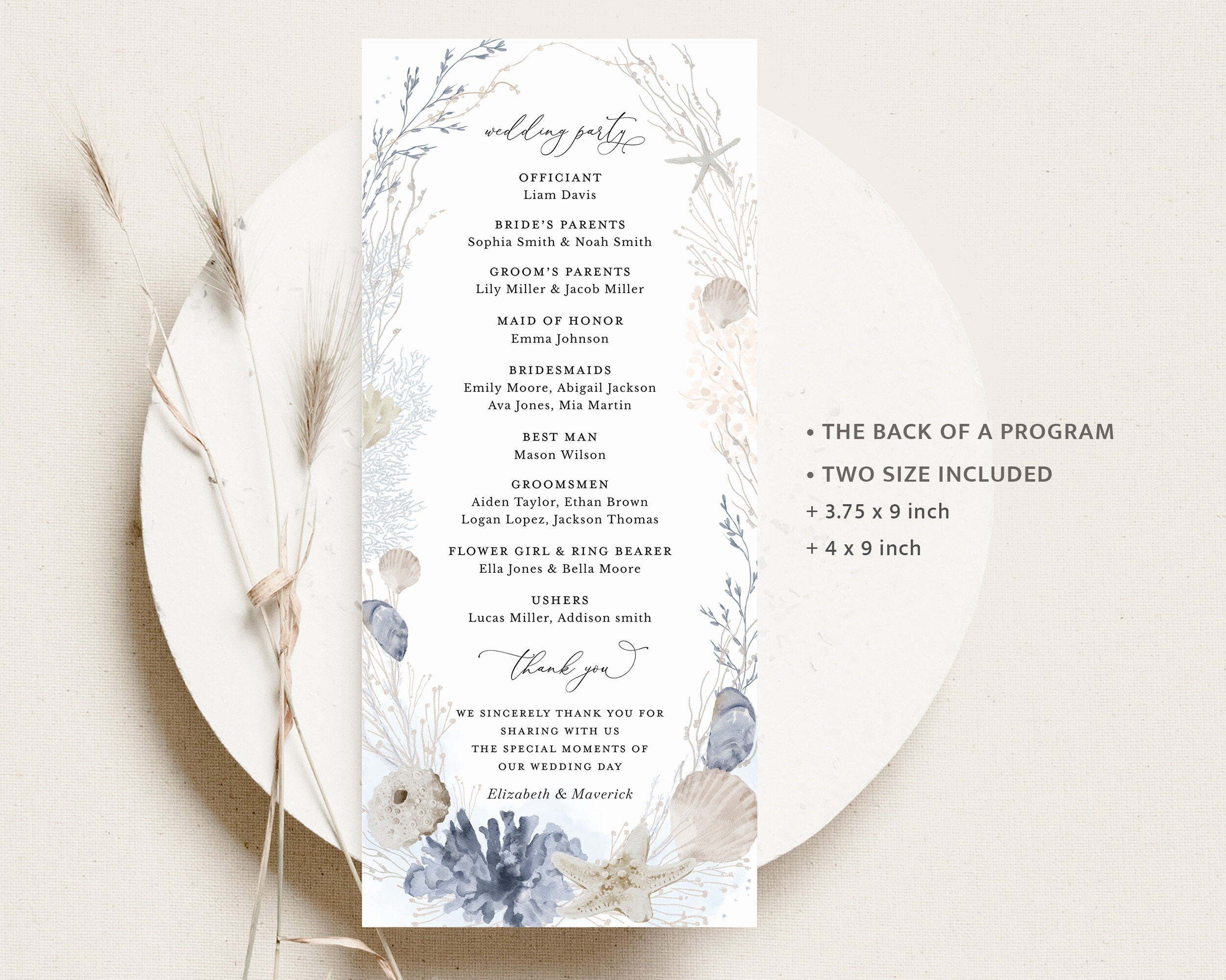 Boho Beach Wedding Programs Template, Ocean Blue Ceremony Program ...