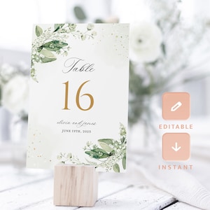 Boho Greenery Wedding Table Number Template, Sage Green Table Numbers, Elegant Printable Table Number Cards, DIY Instant Download, Ella