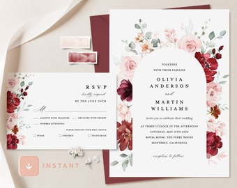 Burgundy Blush Wedding Invitation Template, Maroon Blush Arch Wedding Invite, Marsala Floral Invitation Set, Red Watercolor Printable RSVP