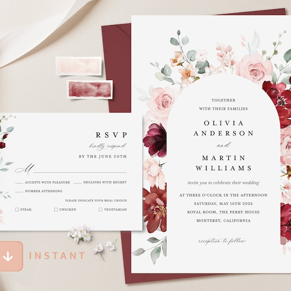 Burgundy Blush Wedding Invitation Template, Maroon Blush Arch Wedding Invite, Marsala Floral Invitation Set, Red Watercolor Printable RSVP