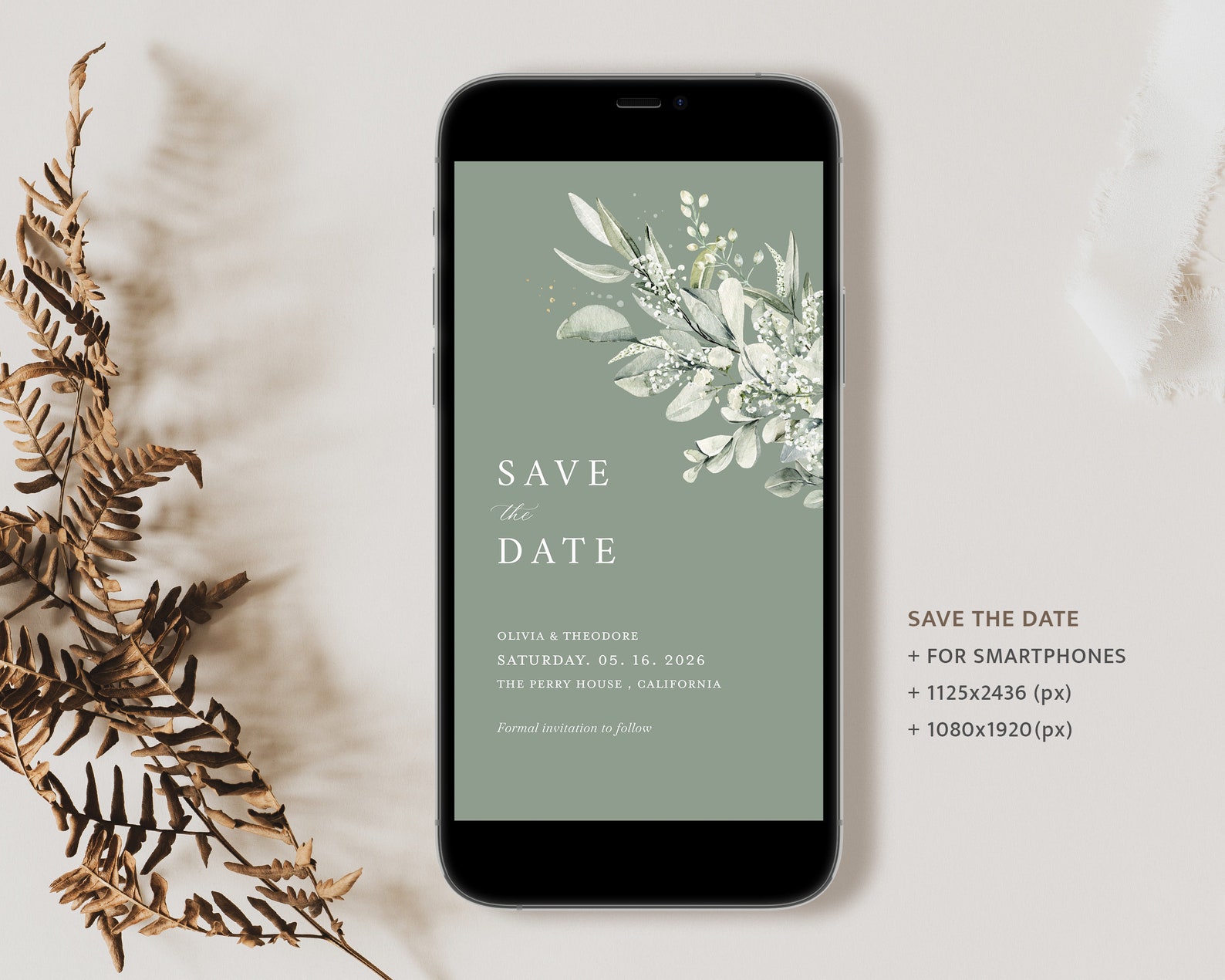 Electronic Save the Date Wedding Invitation Template, Sage Green Evite