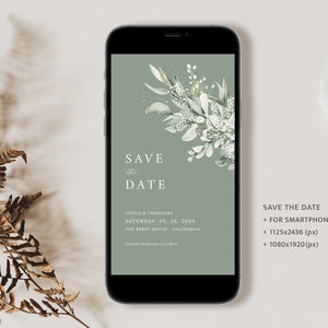 Electronic Save The Date Wedding Invitation Template, Sage Green Evite Save The Date, Eucalyptus iPhone Invite, Digital Invite, Ecard, Cloe image 1