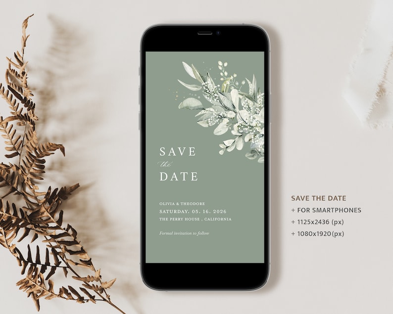 Electronic Save The Date Wedding Invitation Template, Sage Green Evite Save The Date, Eucalyptus iPhone Invite, Digital Invite, Ecard, Cloe image 1