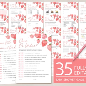 Strawberry Baby Shower Games Set, Printable Berry Sweet Baby Shower, Editable Blush Pink Red Shower Game Bundle Pack Template, Download