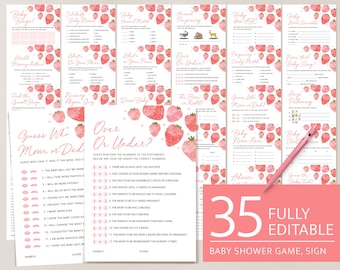 Strawberry Baby Shower Games Set, Printable Berry Sweet Baby Shower, Editable Blush Pink Red Shower Game Bundle Pack Template, Download