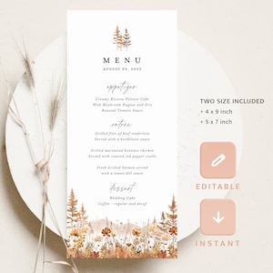 Modèle de cartes de menu de mariage de montagne d'automne, menu de réception de fleurs sauvages en terre cuite, menu du dîner imprimable forêt d'orangers brûlés rustique, téléchargement