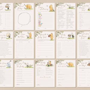 May include: A set of 10 Winnie the Pooh themed baby shower game cards. The cards are printed on white cardstock with a green border and feature illustrations of Winnie the Pooh and his friends. The games include "Who Knows the Mummy Best?", "Guess the Baby Food", "Baby Predictions", "How Old Were You When You Got Married?", "What Will the Baby Say?", "Name That Tune", "Wishing Well for Baby", "Welcome the Little Bundle of Joy", "Draw Baby", and "The Price is Right".