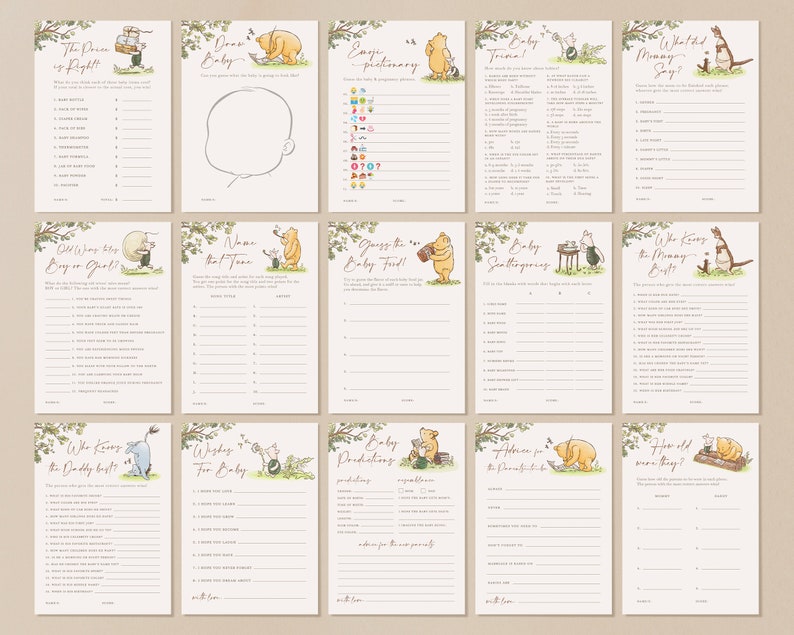 May include: A set of 10 Winnie the Pooh themed baby shower game cards. The cards are printed on white cardstock with a green border and feature illustrations of Winnie the Pooh and his friends. The games include "Who Knows the Mummy Best?", "Guess the Baby Food", "Baby Predictions", "How Old Were You When You Got Married?", "What Will the Baby Say?", "Name That Tune", "Wishing Well for Baby", "Welcome the Little Bundle of Joy", "Draw Baby", and "The Price is Right".