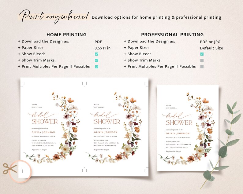 May include: A printable bridal shower invitation with a floral wreath design in shades of pink, brown, and white. The text reads "bridal shower" and "Olivia Johnson".