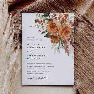 Terracotta Wedding Invitation Template Set, Boho Floral Wedding Invite Suite, Modern Burnt Orange Rose Elegant Details, Pampas RSVP image 8