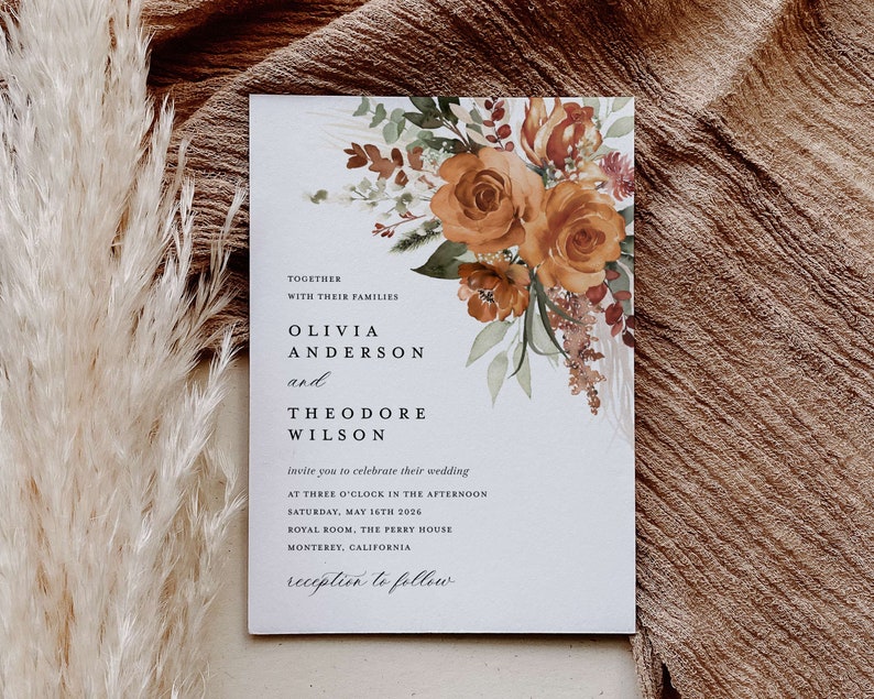 Terracotta Wedding Invitation Template Set, Boho Floral Wedding Invite Suite, Modern Burnt Orange Rose Elegant Details, Pampas RSVP image 8