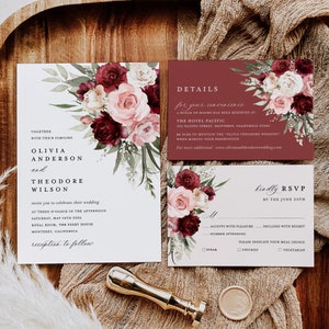 Modello di invito a nozze bordeaux, suite di invito a nozze rosa cipria Boho, carta con dettagli floreali salvia Marsala, RSVP stampabile, download