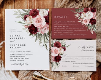 Burgundy Wedding Invitation Template, Boho Blush Pink Rose Wedding Invite Suite, Sage Marsala Floral Details Card, Printable RSVP, Download