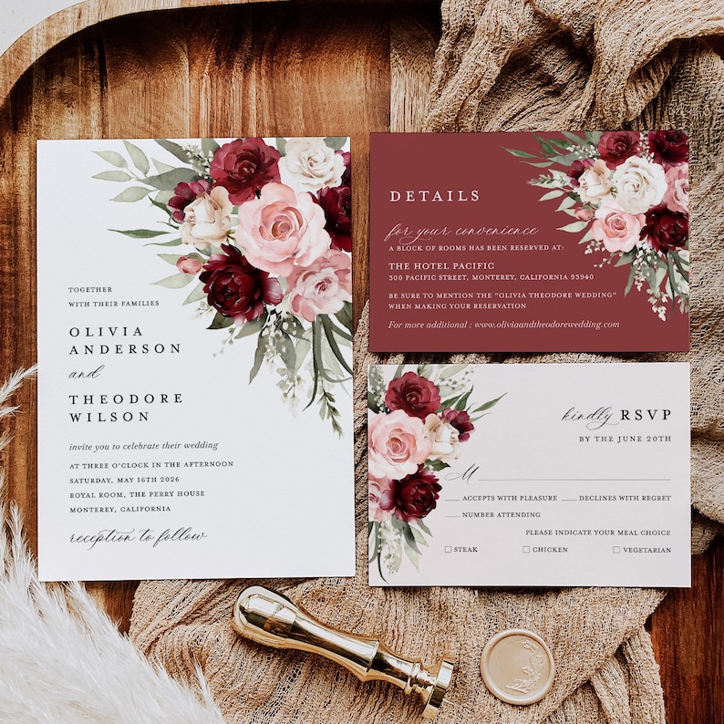 Burgundy Wedding Invitation Template, Boho Blush Pink Rose Wedding Invite Suite, Sage Marsala Floral Details Card, Printable RSVP, Download image 1