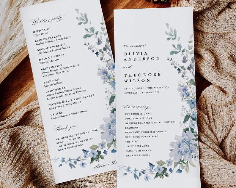 Dusty Blue Wedding Programs Template, Boho Ceremony Program, Wildflower ...