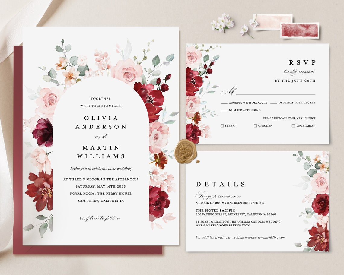 Burgundy Blush Wedding Invitation Template Maroon Blush Arch image 1