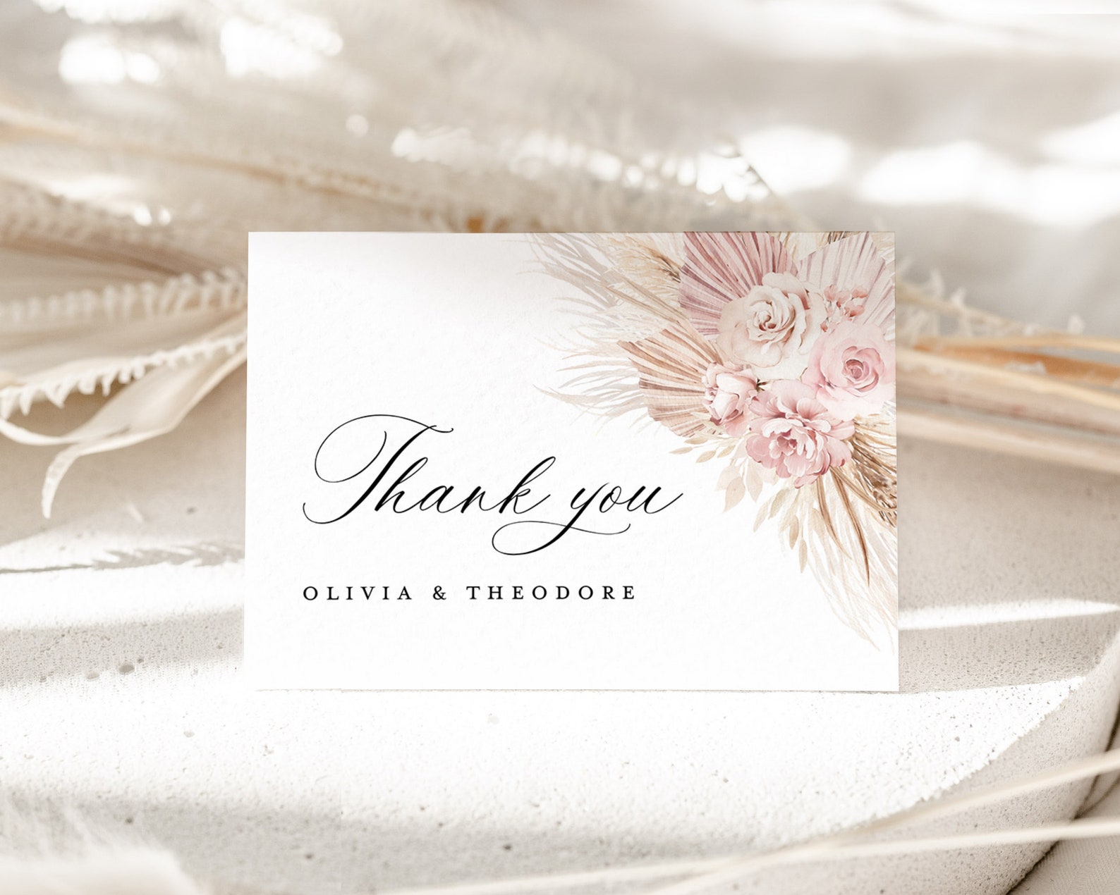 Blush Pink Wedding Thank You Card Template, Boho Floral Thank You Note ...