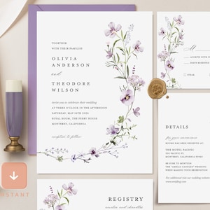 Lavender Minimalist Wedding Invitation Template Bundle, Sage Wedding Invite, Lilac Wildflower Boho Invitation Set, Printable Invite, Lana