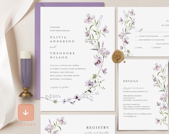 Lavender Minimalist Wedding Invitation Template Bundle, Sage Wedding Invite, Lilac Wildflower Boho Invitation Set, Printable Invite, Lana