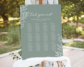 Sage Wedding Table Seating Chart Sign Template, Minimal Printable Large Guest Seating Chart Board, Editable Modern Botanical Greenery Sign