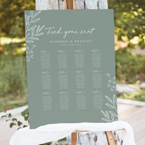 Modelo de placa de assentos para mesa de casamento Sage, placa de assentos para convidados grande e mínima para impressão, placa de vegetação botânica moderna editável
