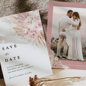 Blush Rosa Save The Date Karten Vorlage, Foto Boho Blumen Hochzeit Save The Dates, Dusty Rose Pampas Save The Date Karten, Instant Download