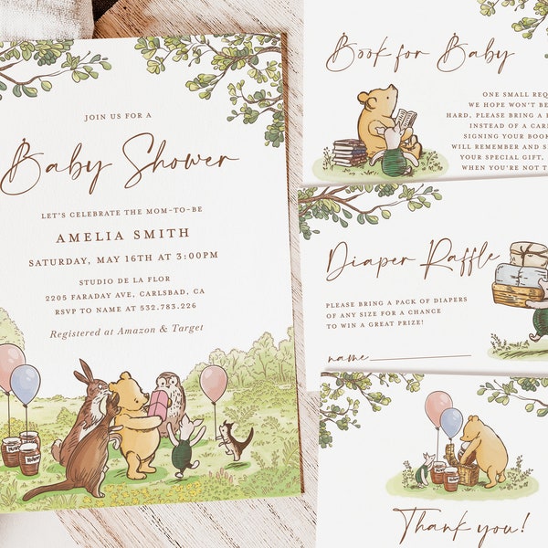 Klassische Winnie The Pooh Babyparty-Einladung, Oh Babyparty-Vorlagenset, bearbeitbare Windelverlosung, Buchanfrage, Dankeskarte, Download