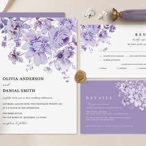 Lavender Wedding Invitation Suite Template, Lilac Invite Set, Purple Floral Boho Details Card, Printable Garden RSVP, Instant Download